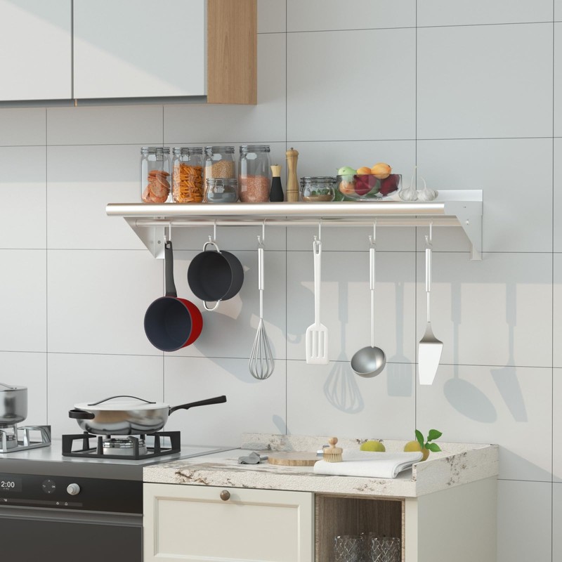 Treshin Stainless Steel Shelf with 6 Hooks 14 x 48