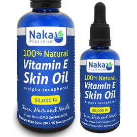 50ml Naka Platinum Vitamin E Oil (d-alpha tocopher ol) 100% Natural, 50000 IU, Moisturize Skin, Hair and Nails, From Non-GMO Soybean Oil, Made in Canada