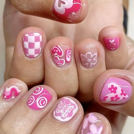 MOGOXION Valentines Day Press on Nails Short Square Fake Acrylic Glue with Pink Plaid Floral Heart Butterfly Cute French Designs Artificial for Women and Girls 24 Pcs DIY Manicure
