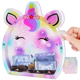 Piggy Bank for Kids Girls Customize Name Coin Bank Unicorn Money Bank for Girls, Transparent Piggy Banks for Girls with Letter Stickers