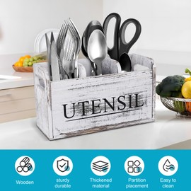 ZONJIE Wooden Kitchen Utensil Holder - White Rustic Large Wooden Utensil Organizer with Drainage Bottom, Utensil Holder for Kitchen Counter with 3 Compartment, Farmhouse Cooking Tools Storage