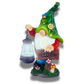 G&H Decor - Solar Gnome Decoration - Hand Painted Garden Gnome Solar with Amazing Detail - Funny Resin Solar Gnomes Garden Figurines for Outdoor - Gnome Solar Lights with Welcome Sign (Lantern)