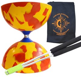 Juggle Dream Red & Yellow Jester Diabolo with Aluminium 'Metal' Sticks and Carry Bag - Rubber Diablo Set