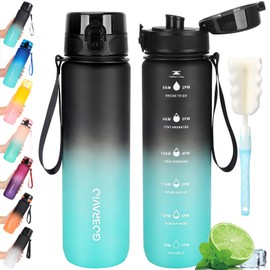 Gobravio Water Bottle 1L BPA Free Sports Drink Bottle Dishwasher Safe Canteen Bottle Leakproof Motivational Water Bottle with Time Markings