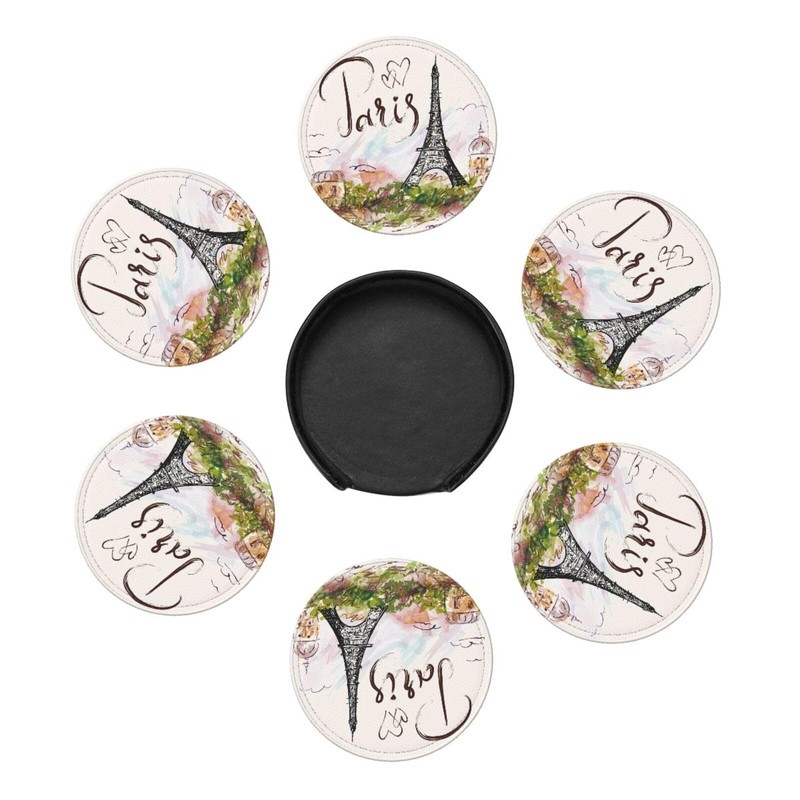 Pretty Paris Romantic Eiffel Tower Coasters for Drinks Round Leather