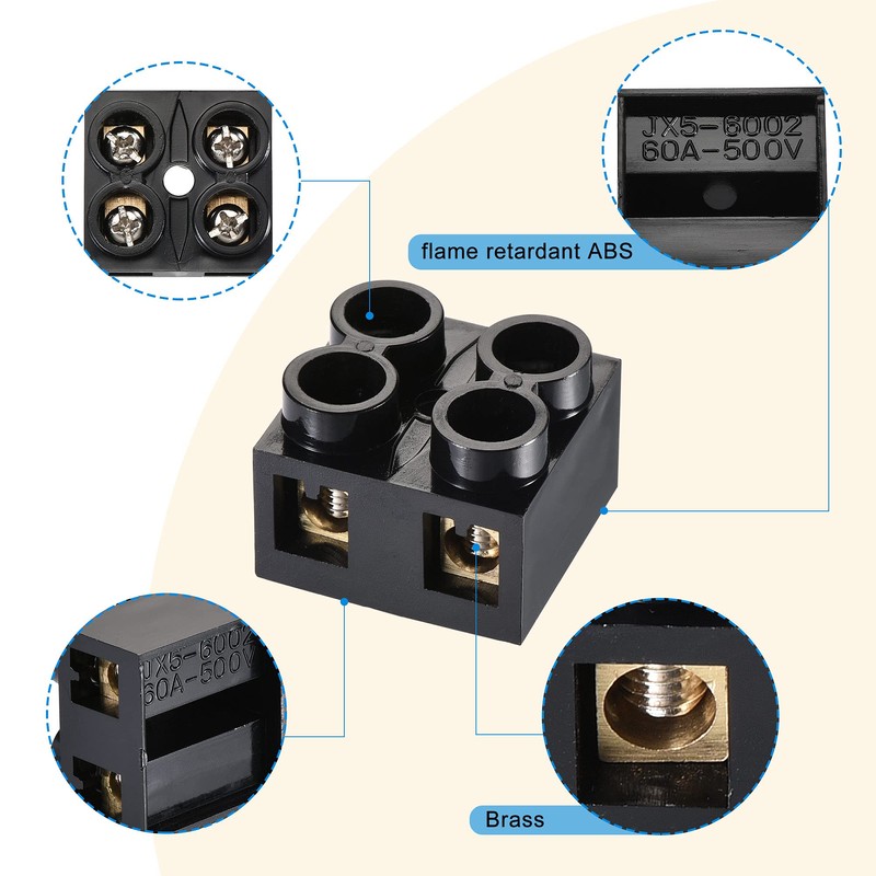 MECCANIXITY Terminal Block 500V 60A Dual Row 2 Positions Screw