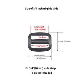 Ahijklmn Tri Glide Slides Plastic Adjustable Webbing Bar Slide Strap Adjuster Clip Slider Buckle Black (3/4"(20mm) - 8pcs)