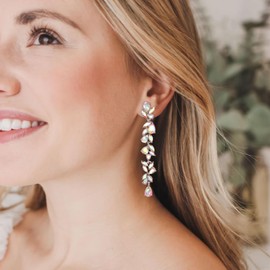 EVER FAITH Iridescent Clip On Earrings for Prom, Sparkly Rhinestone Crystal Teardrop Dangle Clip-on Earring for Non Pierced Ears Silver-Tone