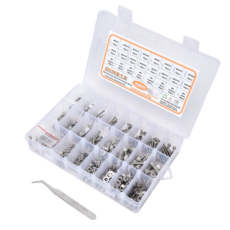 580Pcs Screws Nuts Washers Kit 304 Stainless Steel Cylindrical Head