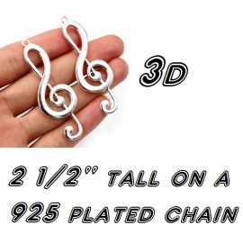 Fashion Jewelry BIG 3D MUSIC NOTE TREBLE CLEF Pendant on 925 Plated Sterling Silver 22" Chain