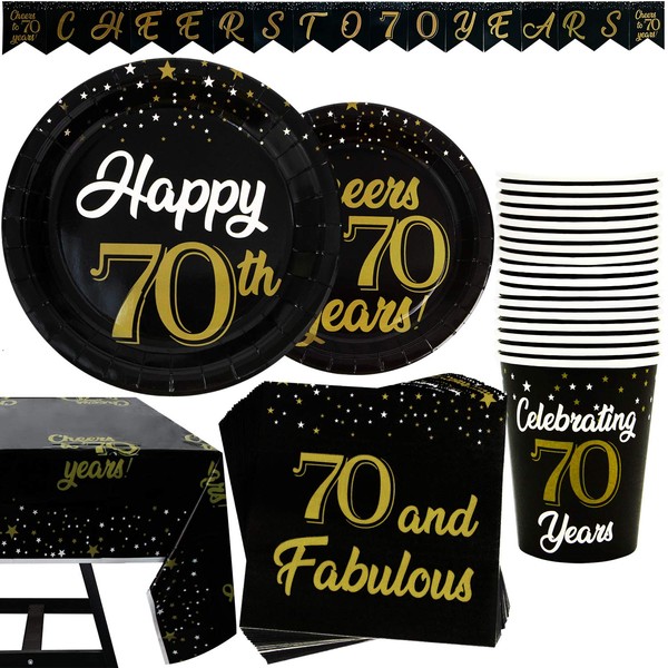 102 Piece 70th Birthday Party Supplies Set Including Plates, Cups, Napkins, Banner and Tablecloth, Serves 25