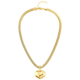 COOLSTEELANDBEYOND Gold Heart Pendant Necklace for Women, Chunky Snake Chain with Puffy Charm, Bold Romantic Jewelry, Metal, No Gemstone