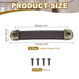 PATIKIL 4.4" Leather Drawer Pulls with Iron Sheet, 6 Pcs Leather Strap Trunk Handle Cabinet Knobs Hardware Replacement with 18mm Screws for Dresser Door Suitcase Luggage, Brown