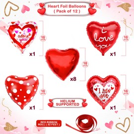 Heart Foil Balloons, Red, Pack of 12 Red Heart-Shaped Foil Balloons, Heart Helium Balloons, XXL Helium Balloons, Wedding Balloons for Romantic Atmosphere, Marriage Proposal, Valentine's Day Decoration