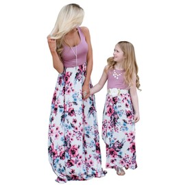 Mommy and Me Matching Maxi Dresses,Sleeveless Top Bohemia Floral Printed Matching Outfits with Pockets (Child 7T, Purple)
