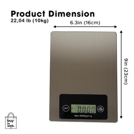 BUY IN WEB USA - Báscula digital de cocina, báscula de alimentos de acero inoxidable, kilogramos, libras y onzas, para dieta, hornear y cocinar, pantalla LCD grande, botón táctil, 10 kg, apagado