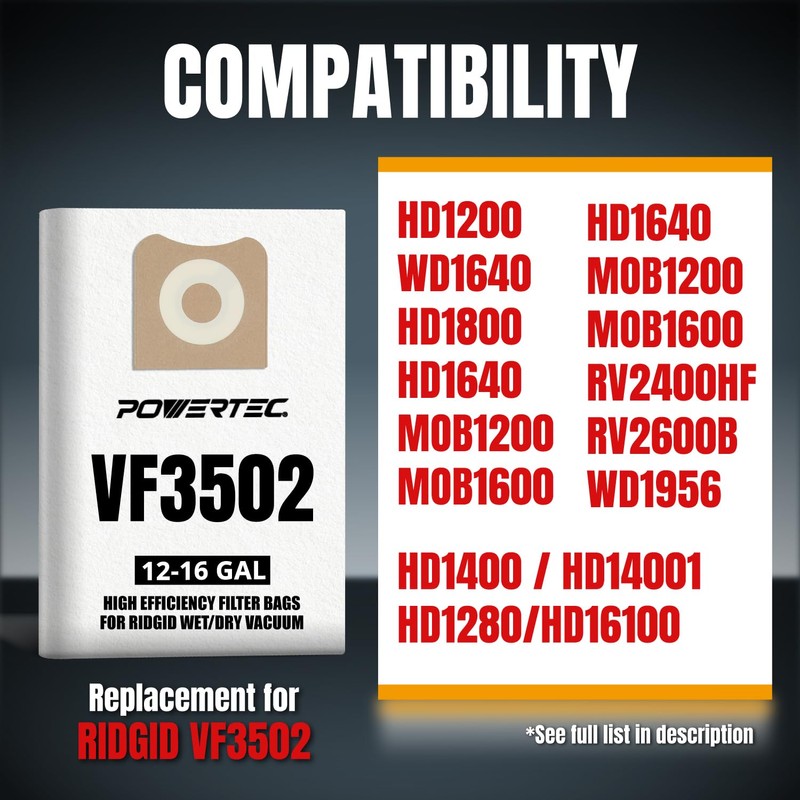 POWERTEC 23743 VF3502 Size A Shop Vacuum Bags for Ridgid