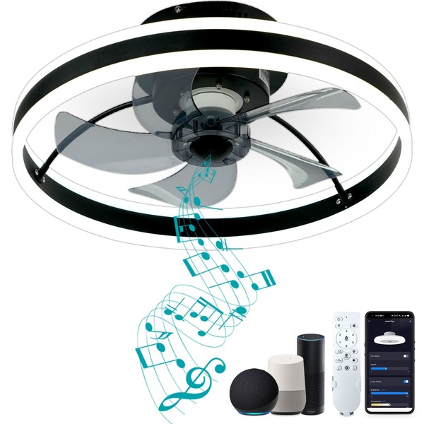 DewShrimp Wifi Low Profile Ceiling Fan Flush Mount Bladeless Ceiling Fan with Remote+App Smart Ceiling Fan with Bluetooth Speaker Compatible with Alexa and Google Assistant 6Speeds Reversible 19.8