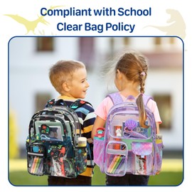 Bagseri Clear Backpack for Boys - 15 Inch Clear Bookbag for Kids Aged 3 to 8, Heavy Duty Transparent Backpack for School, Multiple Pockets, Safe Reflective Strip, Black Dinosaur