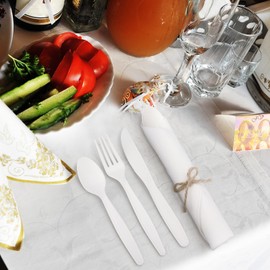 Honeydak 200 Pack Compostable Disposable Utensils Large Cornstarch Biodegradable Cutlery (50 Forks, 50 Knives, 50 Spoons, 50 Napkins) Pre Rolled Napkin and Disposable Flatware Set for Party Wedding