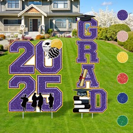 Graduation Yard Signs Class of 2025 Decorations - 2025 GRAD, 4 Pcs Large Size Purple Glittering Waterproof Congrats Grad Lawn Signs with Stakes for Outdoor Decor, High School College Graduation Party Supplies
