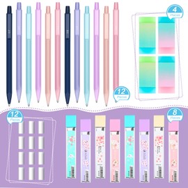 36 Pcs Mechanical Pencil Set, 12 Pcs Pastel Cute Mechanical Pencils 0.5 mm 0.7 mm with 8 Tubes HB Resin Refills, 4 Pcs Erasers and 12 Pcs Cap Eraser Refills for Kids Girls Writing(0.7mm)
