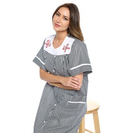Casual Nights Women's Snap - Front House Dress Short Sleeve Woven Housecoat Duster Lounger Robe with Pockets - Black Stripe - 3X-Large