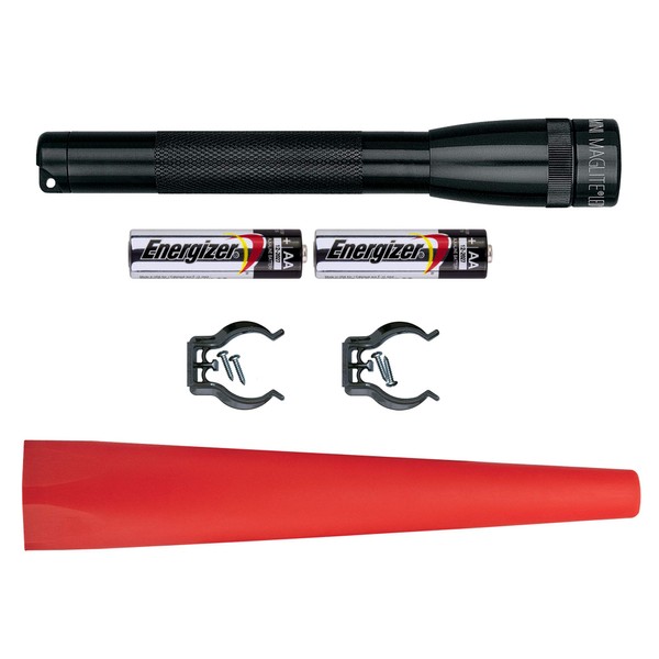 MAGLITE Safety Pack - MINI MAG 2-Cell AA LED Flashlight, Black, Compact, IP2201G – Wand, Red
