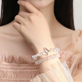 GUJOXILA 2pcs Clear Quartz Crystal Beaded Bracelets for Womens Clear Quartz Healing Bracelet Layered Butterfly Bow Gemstone Bead Ladies Girls Bracelets Protection Lucky Bracelet Gifts