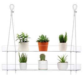 GREANER Hanging Window Plant Shelves, 2-Tier Clear Hanging Plant Stand, Acrylic Window Boxes Plant Shelves for Window, Indoor Outdoor Plants, Wall, Garden, Room Decor, Balcony