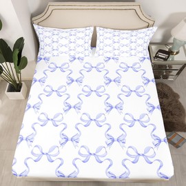 Juego de ropa de cama de lazo morado, tamaño matrimonial, estilo princesa, juego de sábanas bajeras de lazo de cuento de hadas con lazo cruzado morado y blanco para recámara de niños y adolescentes