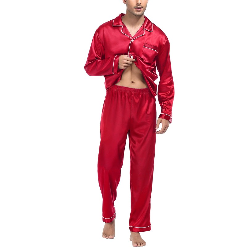 SWOMOG Men's Pajama Set Silk Satin Pajamas Classic Button-Down Sleepwear
