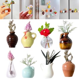 Mini Vase Magnets for Fridge 8 PCS,Small 3D Flower Plant Crafts,Magnetic Vases, Cute Ceramic Vase Magnets,Suitable for Fridge, Kitchen, Office Decoration or Sticking Notes