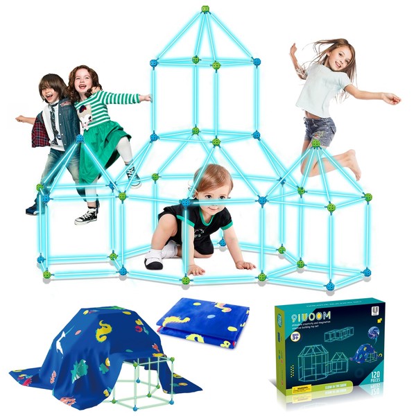 9IUoom Fort Building Kit for Kids 120 Pcs Glow in The Dark Air Forts Builder Gifts Construction Toys for 3 4 5 6 7 8 9 Years Boys Girls DIY Fort Building Tunnel Play Tent Indoor(120Pcs with Blanket)