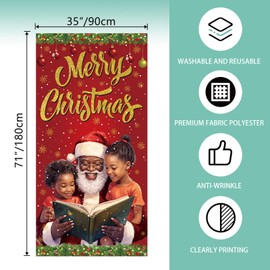 African American Christmas Door Cover Black Santa Christmas Photo Backdrop Merry Christmas Xmas Winter Holiday Party Decorations and Supplies for Home-71×35''