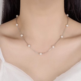 Imitation Pearl Necklace for Women Girls Silver Plated Hypoallergenic Dainty 6mm Faux Pearls Pendant Elegant Single Pearl Strand Box Chain Necklaces Bridal Wedding Birthday Party Jewelry Gifts 18''