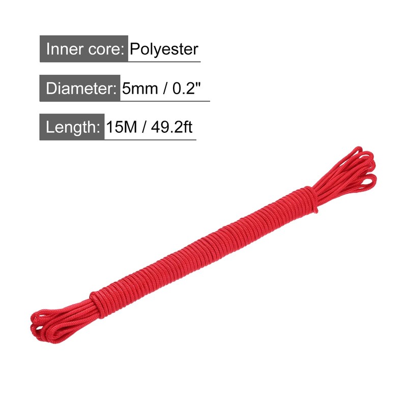 MECCANIXITY Polypropylene Rope Braid Cord 15M/49.2ft 3/16" 5mm Red for