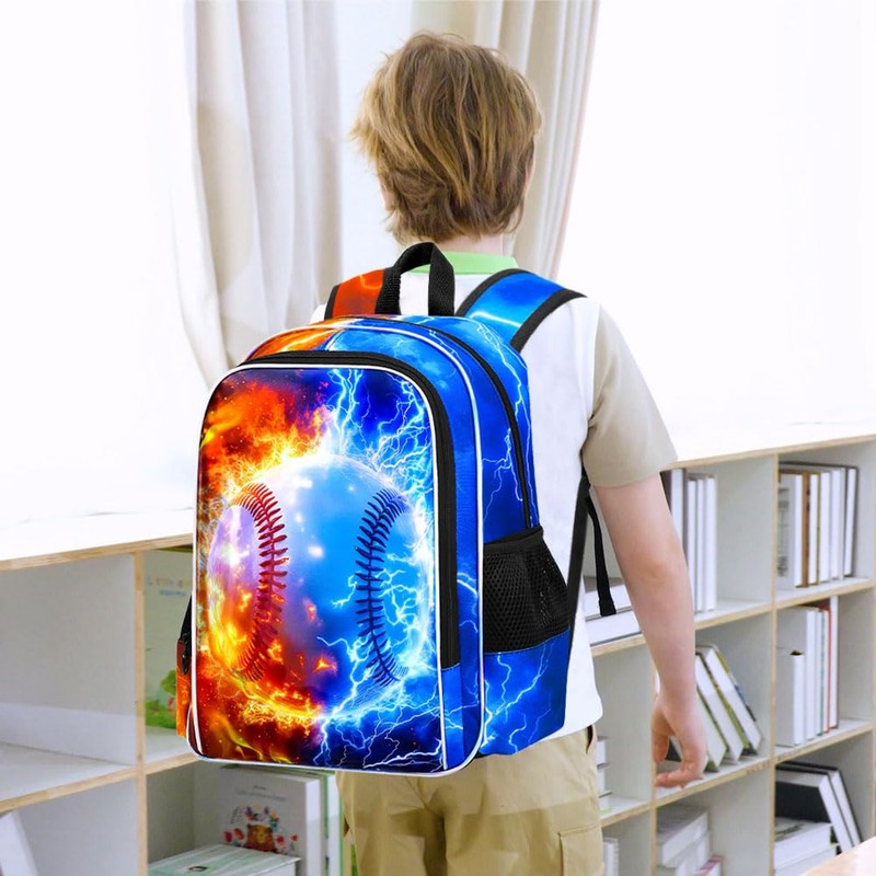gxtvo 3PCS Boys Baseball Backpack, 17" Kids Bookbag with Lunch