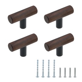 Antrader 4-Pack Walnut Wood Drawer Pulls, Single Hole T Kitchen/Wardrobe/Cabinet Door Pull Handle with Mounting Screws, 1.97" Total Length