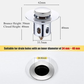 Universal Bathroom Sink Plugs, Sink Strainer Stopper for 33-38mm Drain Holes, Stainless Steel Sink Stopper Replacement for Kitchen Bathroom Washbasin Bath (Silver)