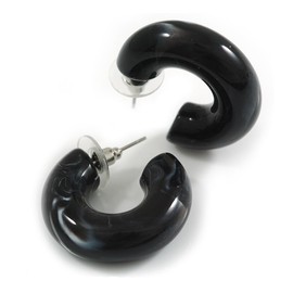 Small Acrylic Thick Half Hoop Earrings with Marble effect in Black/White Colours - 28mm Diameter