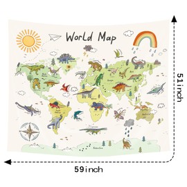 Imirell World Map Kids Dinosaur Tapestry 59Wx51H Inches Dino Animal Educational Learning Tool Boys Adventure Wild Cute Cartoon Art Hanging Bedroom Living Room Dorm Wall Blankets Home Decor Fabric