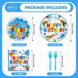 Grencian 96Pcs Summer Water Gun Party Decorations Water Gun Party Plates Disposable Let's Get Soaked Paper Tableware Set for Pool Beach Birthday Summer Splash Fun Supplies, Serves 24