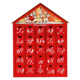 MorTime 24 Day Red House Advent Calendar with Lighted Reindeer Sled Christmas Tree Snowflake, Lighted Wooden Countdown to Christmas Calendar Decoration with 24 Storage Drawers