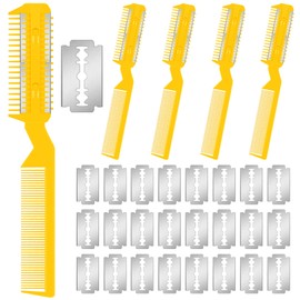 Yinkin 5 Pieces Razor Comb for Dogs Hair Grooming Trimmer for Pet Razor Comb with 25 Extra Blades Manual Dog Hair Trimmer Double Edge for Cats Hair Cutting Tool(Yellow)