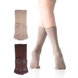 Gemma Plus Pilates Socks, Anti-Slip, 5 Toe Ladies, Yoga Socks, Anti-Slip Socks, Yoga Grip Socks, Pilates, Dance, 2 Pairs, beige/brown