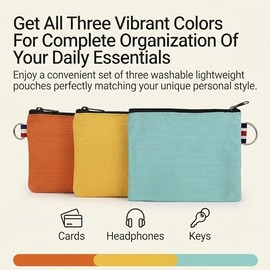 3 Pack Small Canvas Zipper Pouch with Metal Ring, 4.25 x 4.25 Inch Mini Travel Organizer Bag for Makeup Coins Keys Earphones, Portable Cloth Case in L
