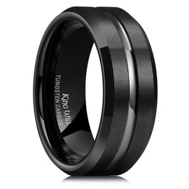 King Will Tungsten Carbide Wedding Band Ring for Men -8mm Men Rings in Black Grooved Center, Wedding Band Suitable For Every Day Wear Comfort Fit Size 6