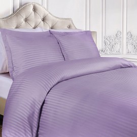 Superior 100% Egyptian Cotton 300 Thread Count Striped Duvet Cover Set, Sateen Weave, 1 Duvet Cover with Button Closure, 2 Pillow Shams, Lightweight Bedding, Lavender, Full/Queen