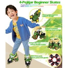 Kids Quad Roller Skate,Roller Skates for Girls Boys,with Adjustable Size&Double Brakes&Luminous Wheels&Protective Gear,3-Point Balance Roller Shoes for Beginners (Camouflage Green, S)
